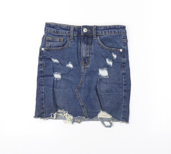 PRETTYLITTLETHING Womens Blue Cotton Mini Skirt Size 6 Button - Distressed look
