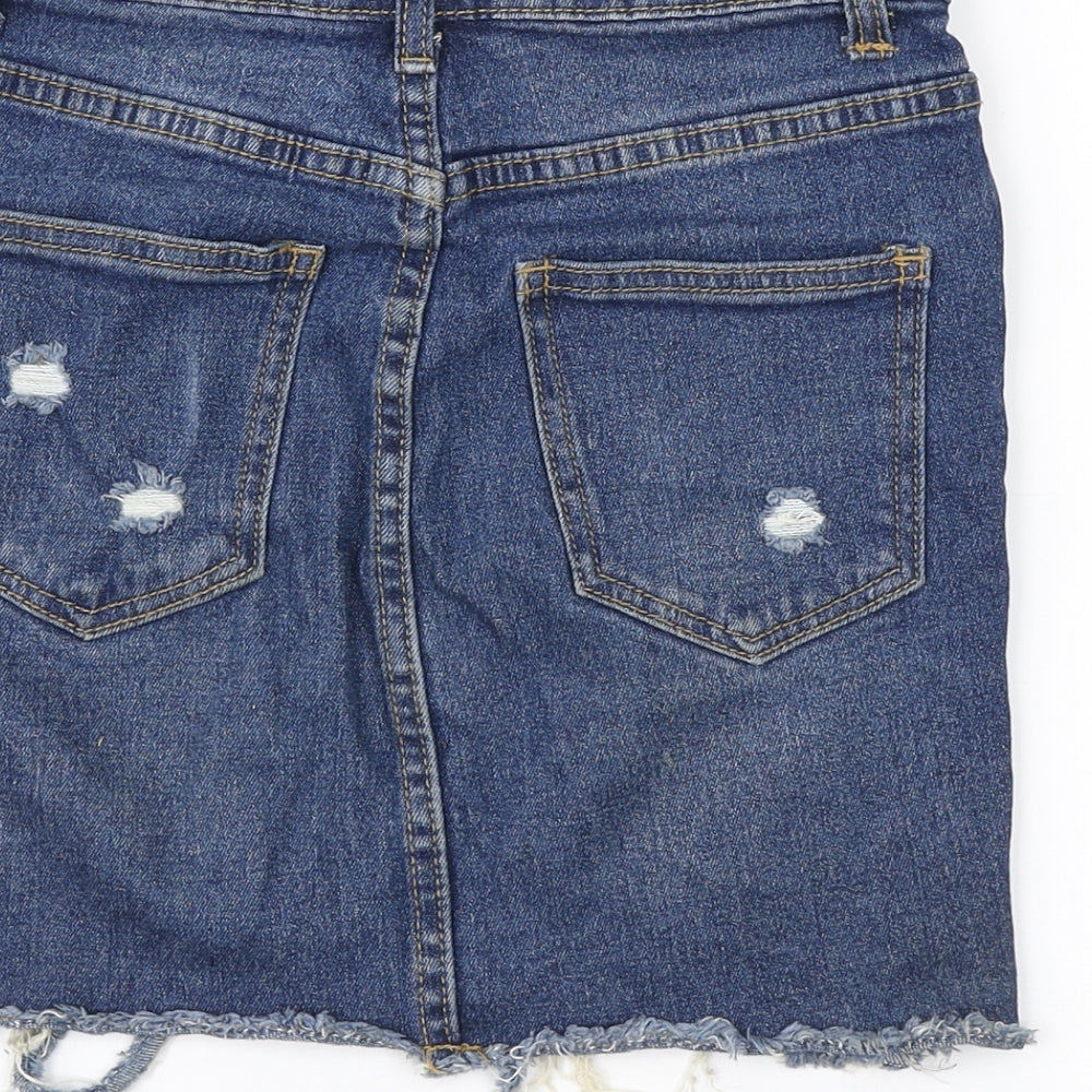 PRETTYLITTLETHING Womens Blue Cotton Mini Skirt Size 6 Button - Distressed look