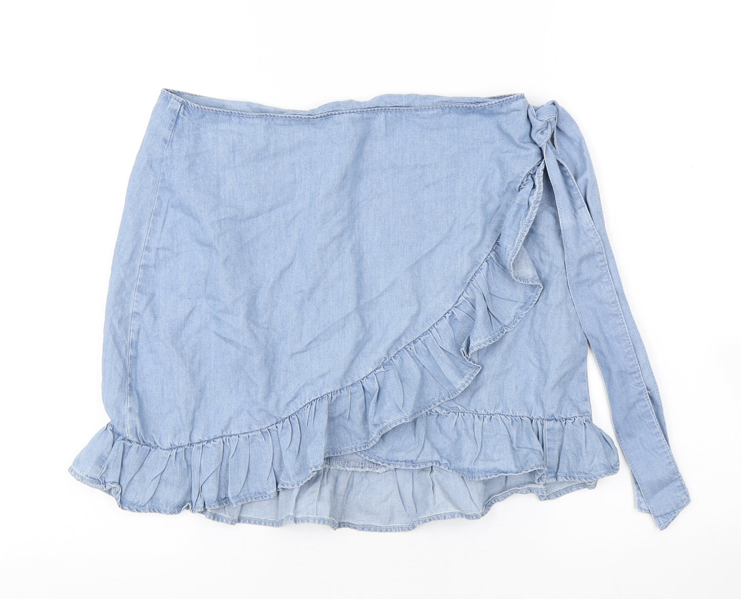 Primark Womens Blue Cotton Mini Skirt Size 12 Zip - Tie detail