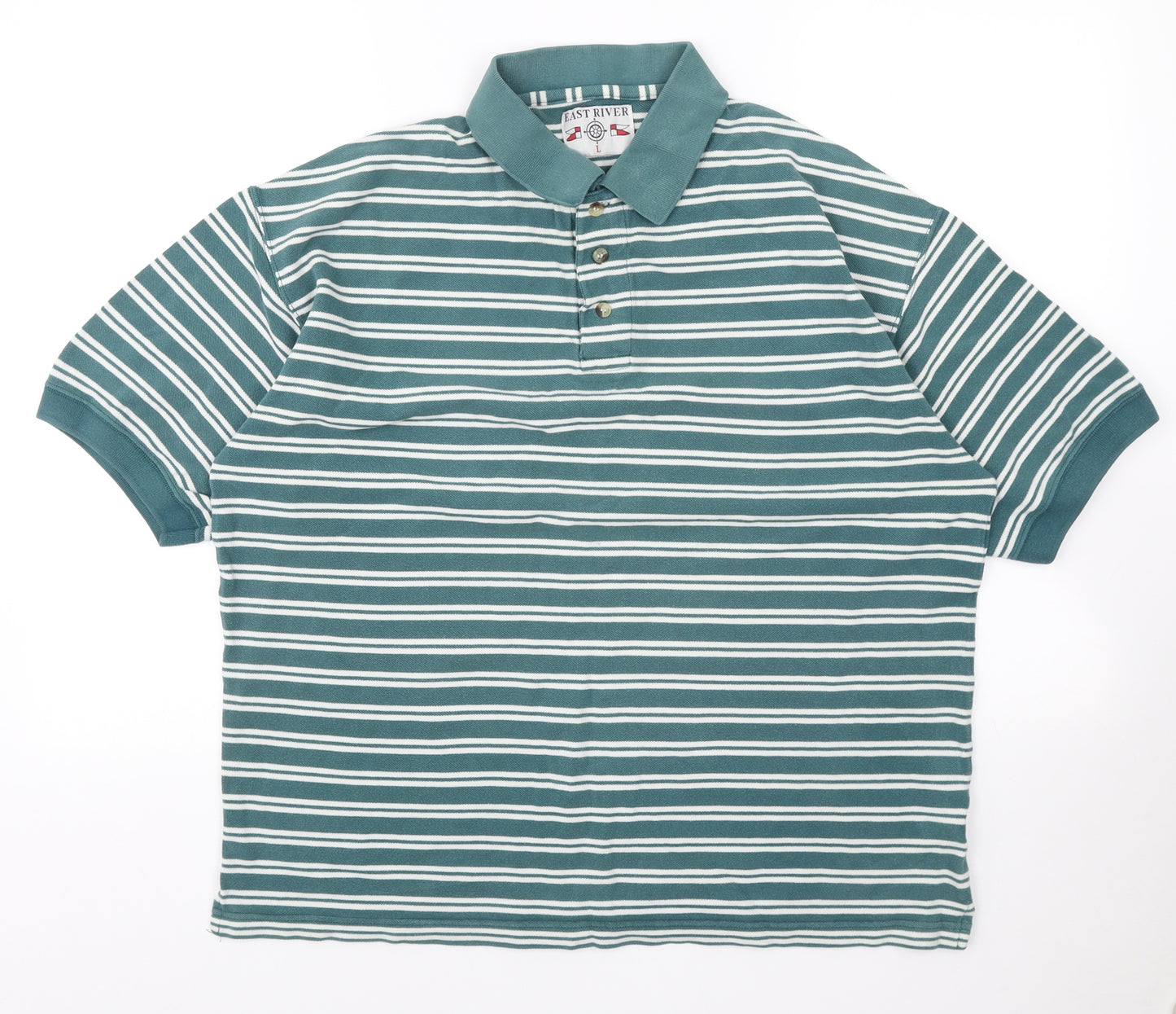 East River Mens Green Striped Cotton Polo Size L Collared Button