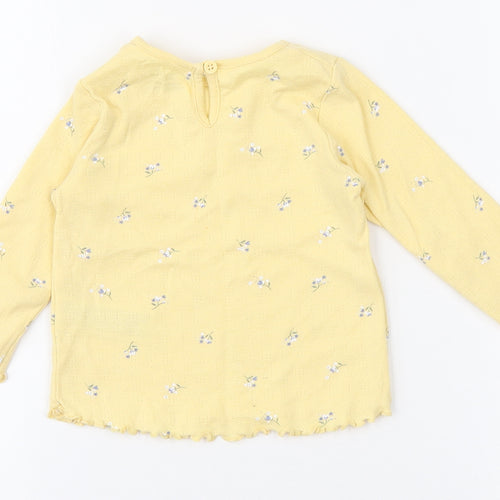 Primark Girls Yellow Floral Cotton Basic T-Shirt Size 9-12 Months Round Neck Button - Scalloped trims
