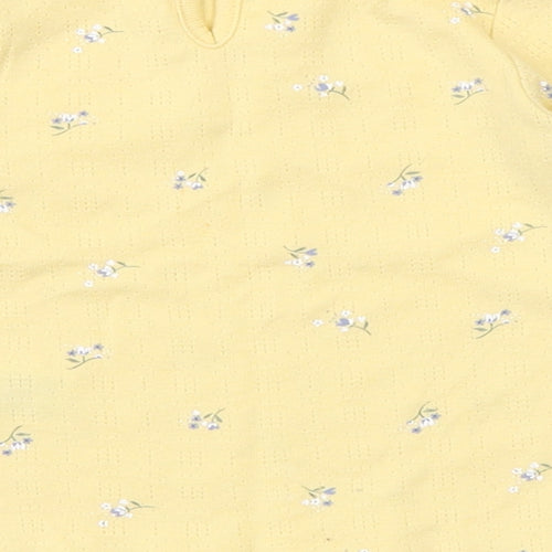 Primark Girls Yellow Floral Cotton Basic T-Shirt Size 9-12 Months Round Neck Button - Scalloped trims