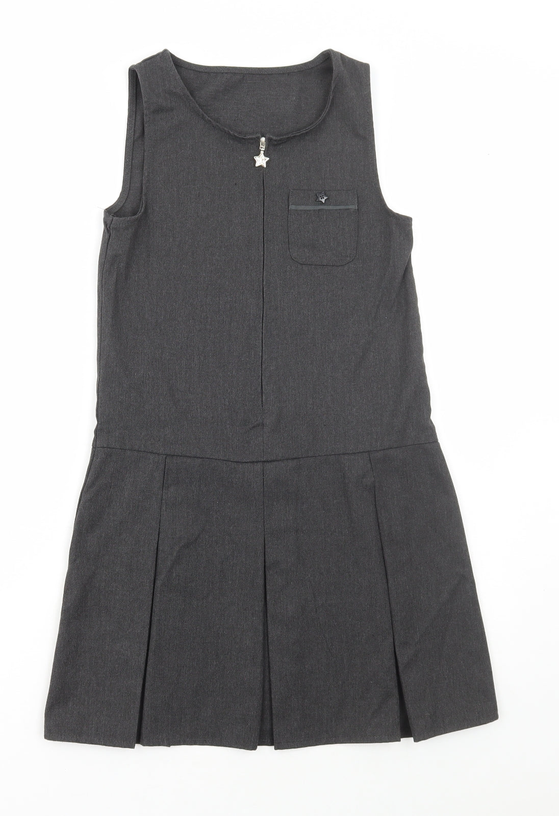 Lily & Dan Girls Grey Polyester Pinafore/Dungaree Dress Size 9-10 Years Round Neck Zip - School Wear