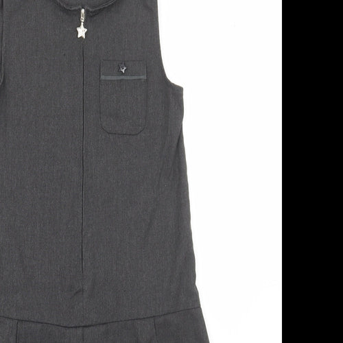 Lily & Dan Girls Grey Polyester Pinafore/Dungaree Dress Size 9-10 Years Round Neck Zip - School Wear
