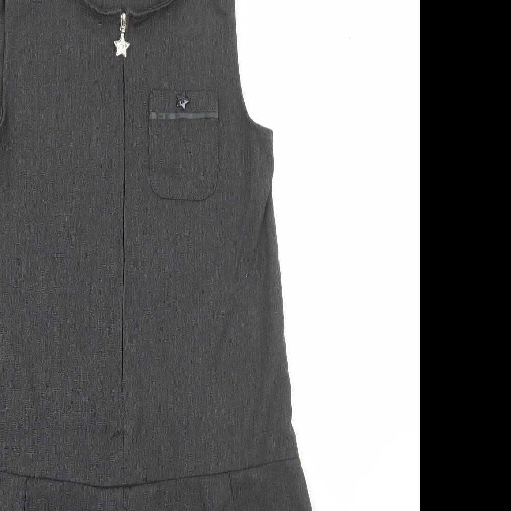Lily & Dan Girls Grey Polyester Pinafore/Dungaree Dress Size 9-10 Years Round Neck Zip - School Wear