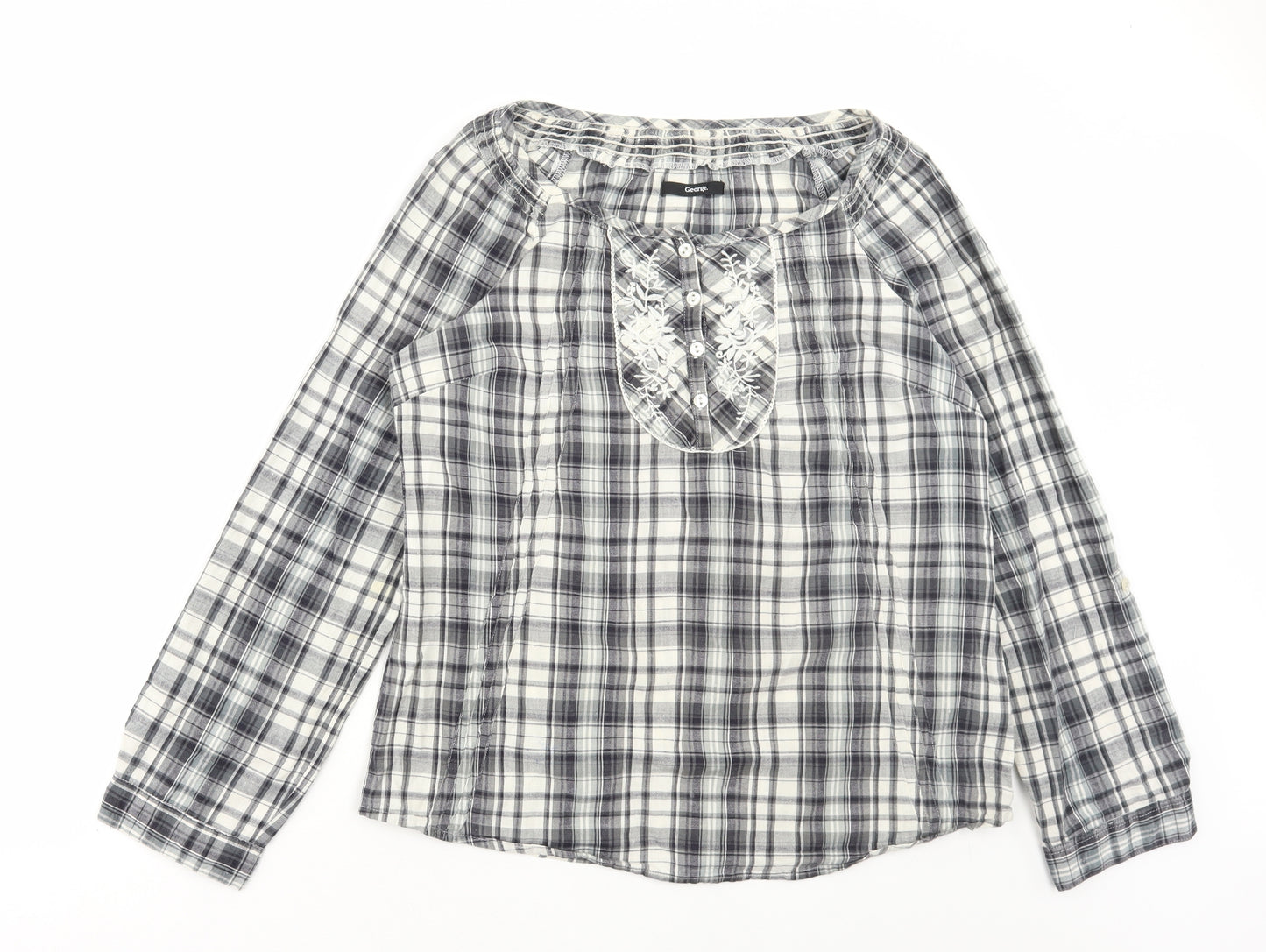 George Womens Grey Plaid Cotton Basic Blouse Size 12 Scoop Neck