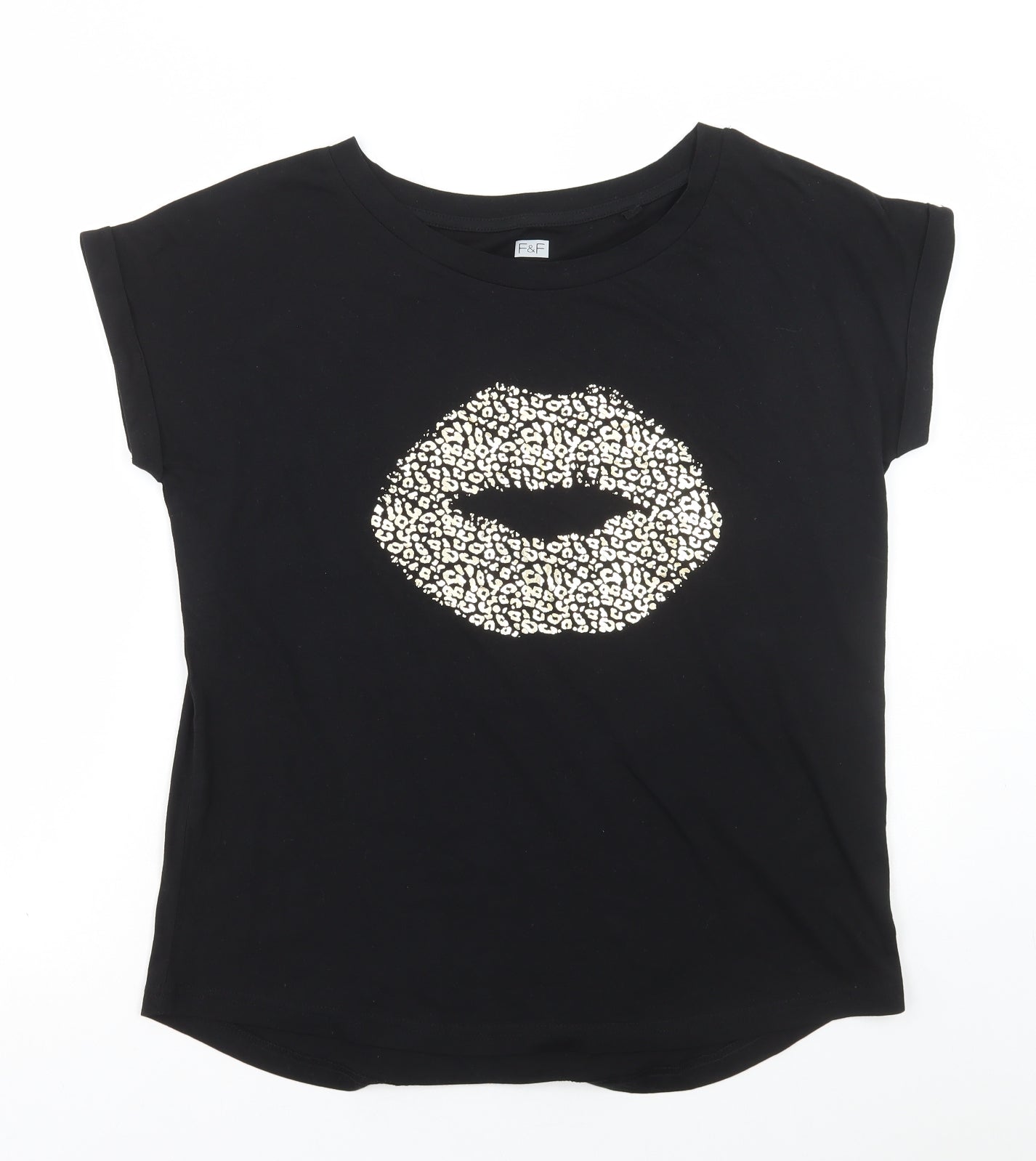 F&F Womens Black Animal Print Cotton Basic T-Shirt Size 12 Round Neck - Leopard Print Lips