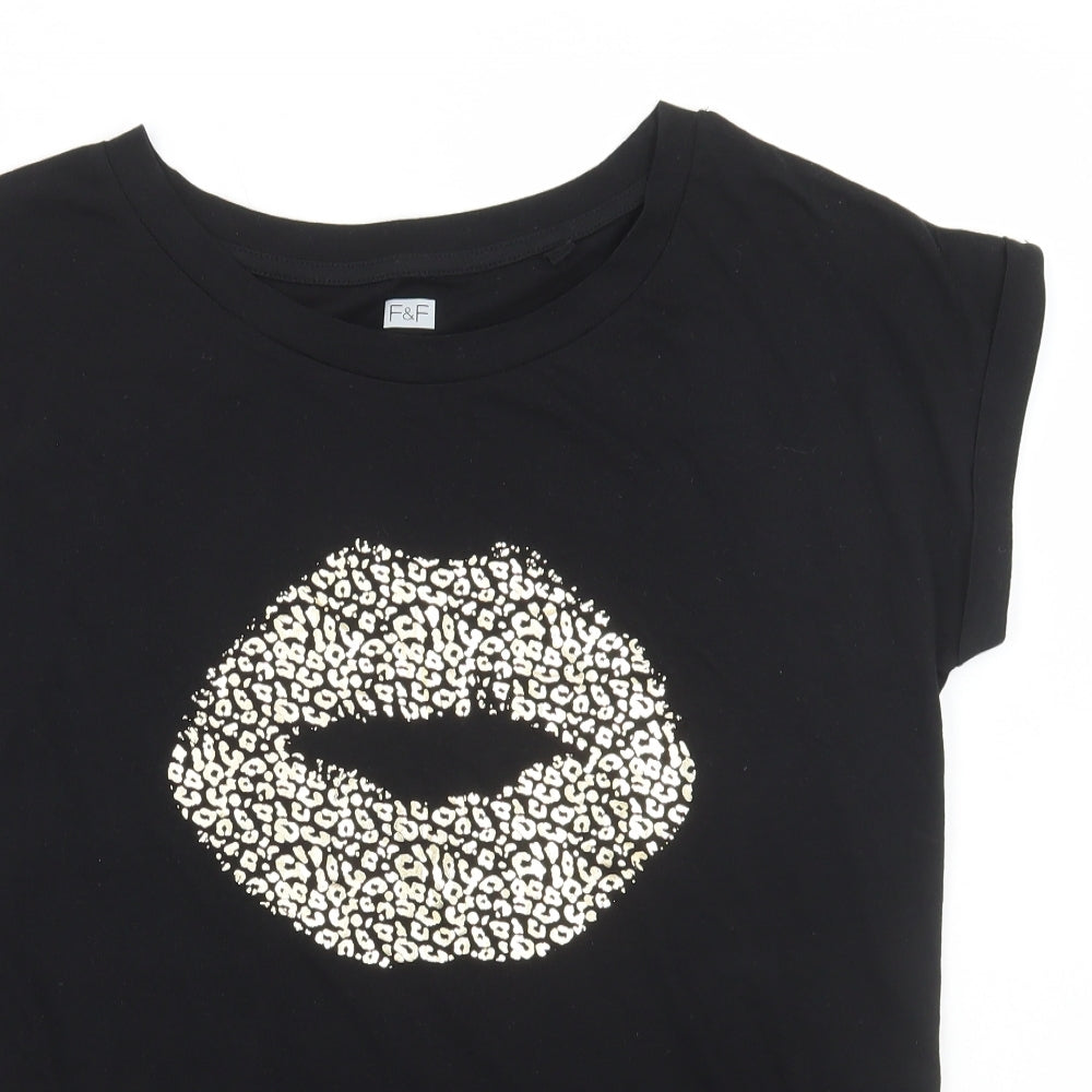 F&F Womens Black Animal Print Cotton Basic T-Shirt Size 12 Round Neck - Leopard Print Lips