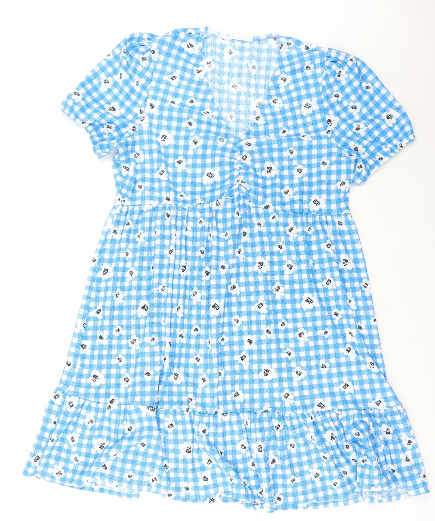 Primark Womens Blue Gingham Polyester A-Line Size 18 V-Neck Pullover - Flower print