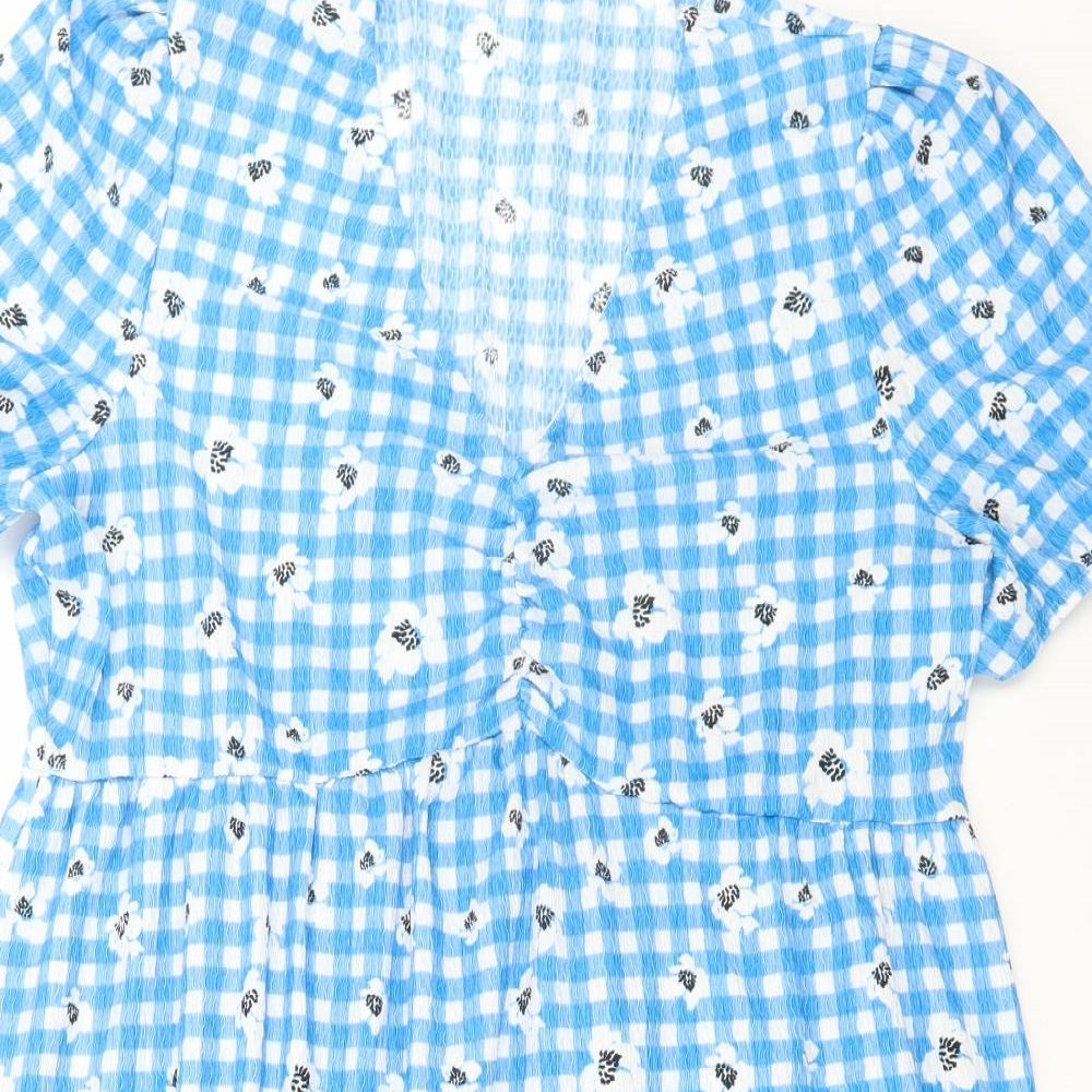 Primark Womens Blue Gingham Polyester A-Line Size 18 V-Neck Pullover - Flower print