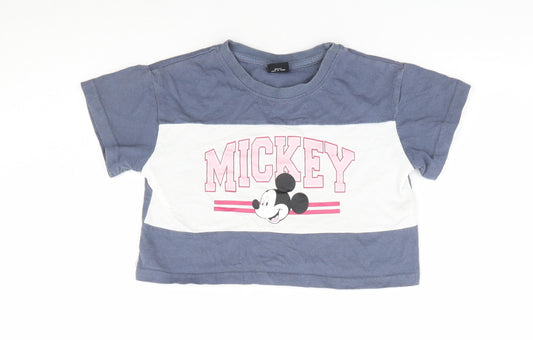Front view of Primark girls’ grey polyester cropped t-shirt, size 7-8, years crew neck pullover - mickey mouse