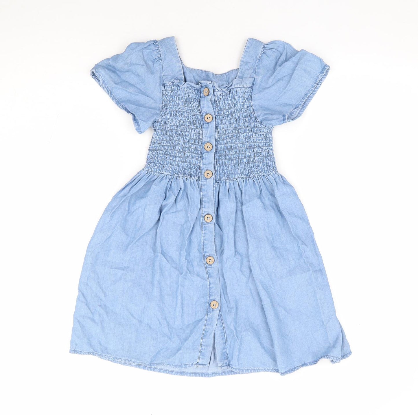 Dunnes Girls Blue Lyocell Fit & Flare Size 6-7 Years Square Neck Button