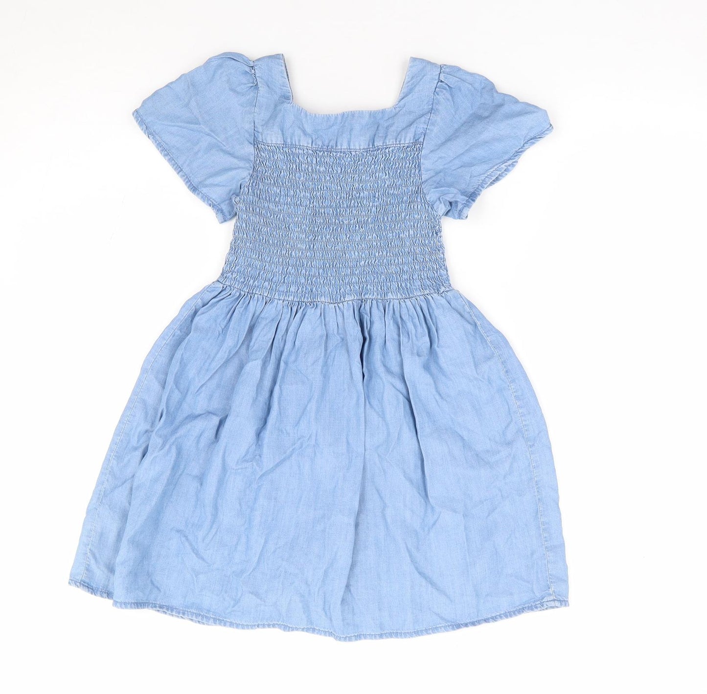 Dunnes Girls Blue Lyocell Fit & Flare Size 6-7 Years Square Neck Button