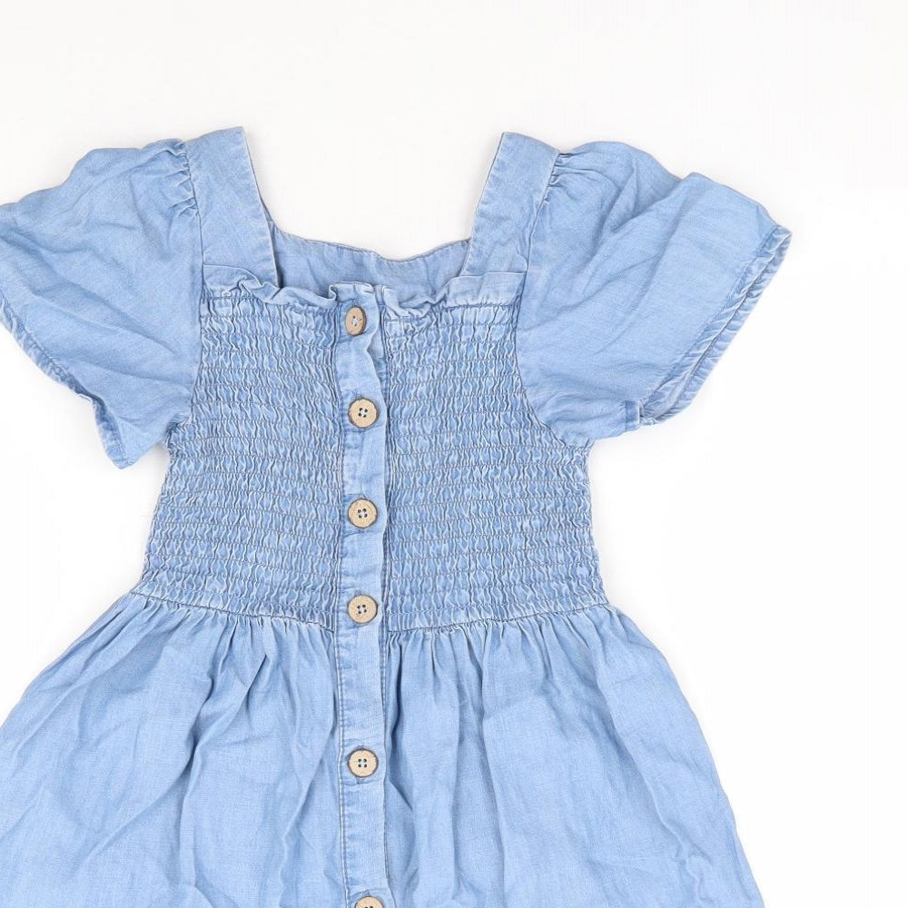 Dunnes Girls Blue Lyocell Fit & Flare Size 6-7 Years Square Neck Button