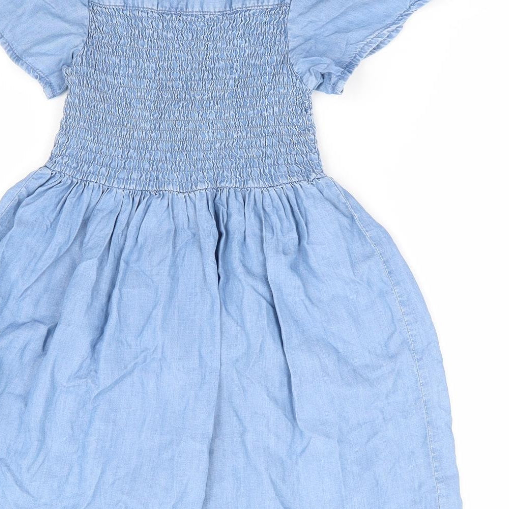 Dunnes Girls Blue Lyocell Fit & Flare Size 6-7 Years Square Neck Button