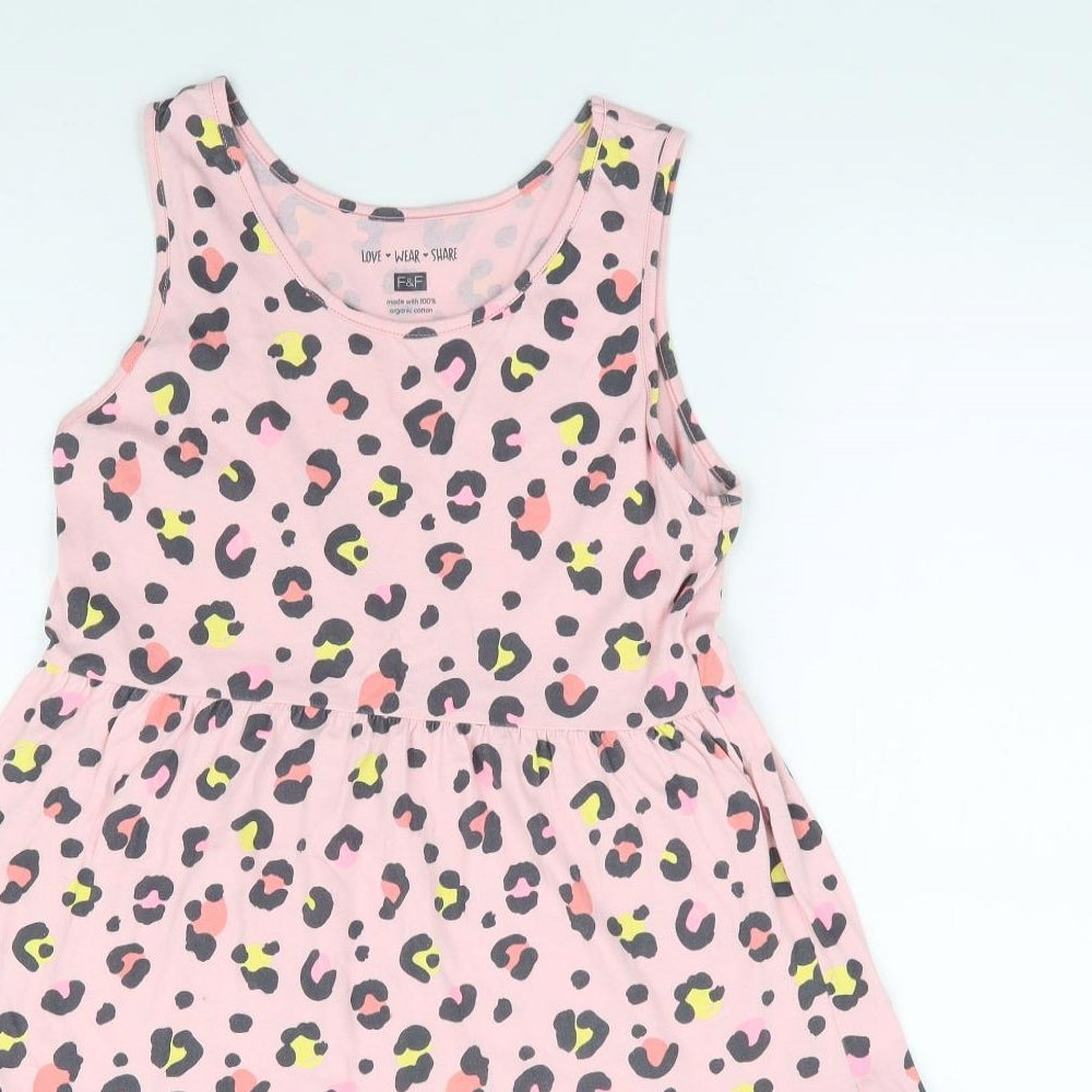 F&Fq Girls Pink Animal Print 100% Cotton Fit & Flare Size 12-13 Years Round Neck Pullover - Tiered