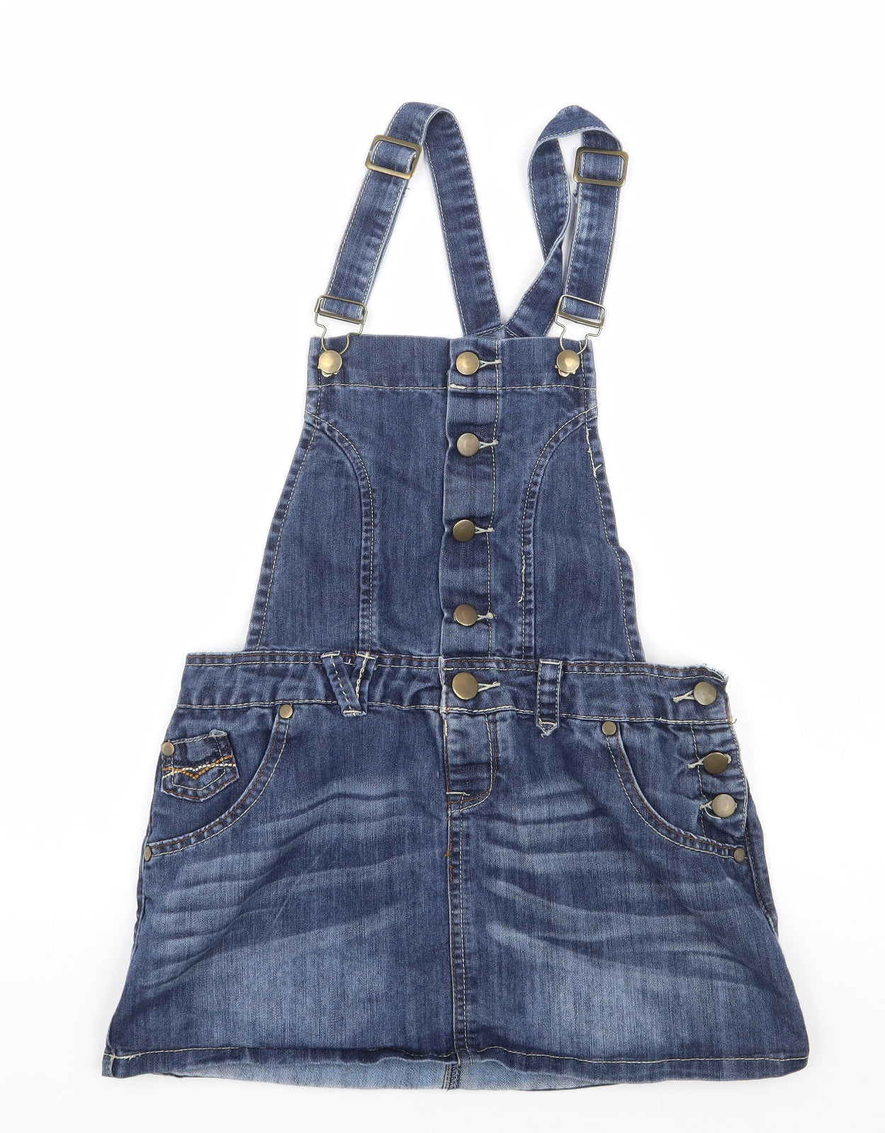 New Look Girls Blue Cotton Pinafore/Dungaree Dress Size 14 Years Square Neck Button
