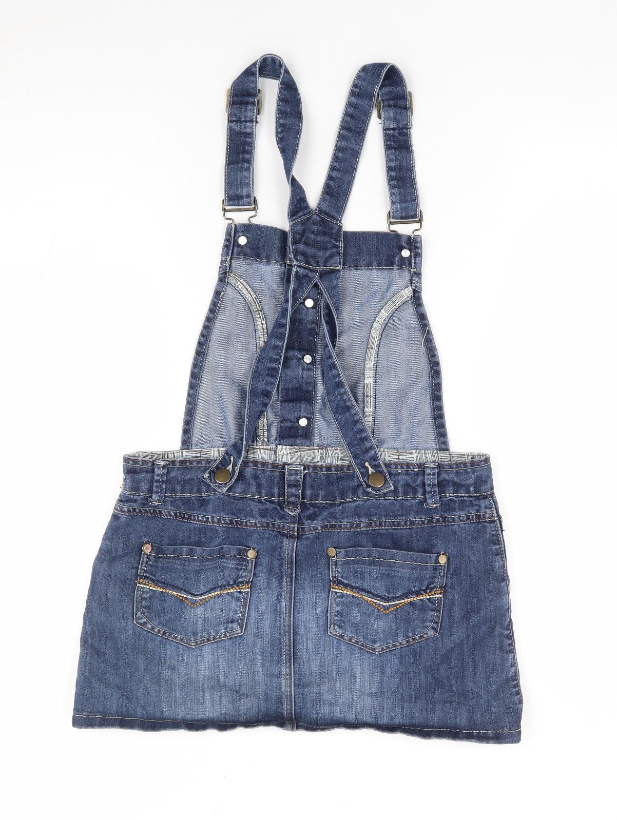 New Look Girls Blue Cotton Pinafore/Dungaree Dress Size 14 Years Square Neck Button