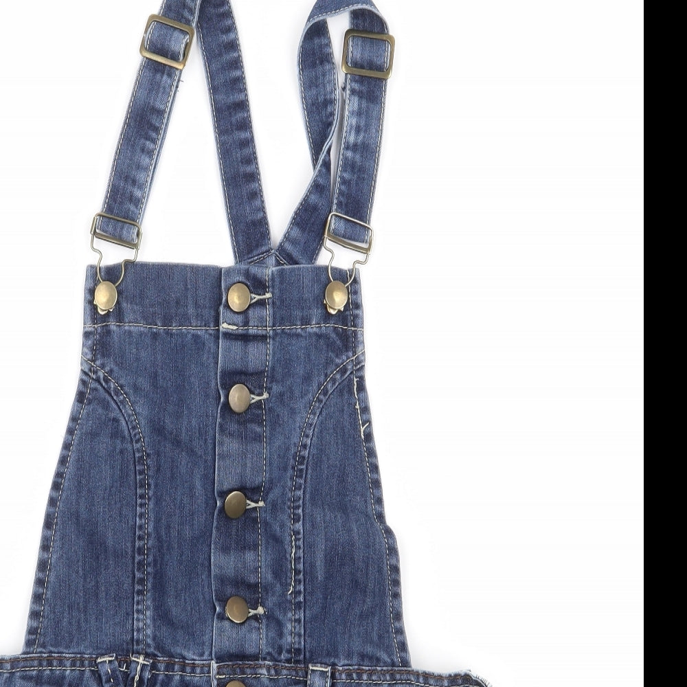 New Look Girls Blue Cotton Pinafore/Dungaree Dress Size 14 Years Square Neck Button