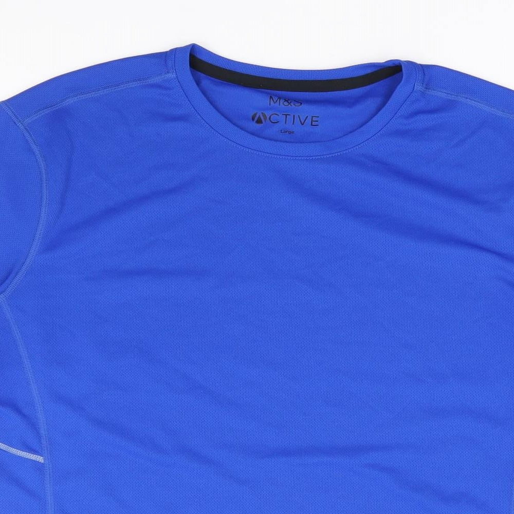 Marks and Spencer Mens Blue Polyester Basic T-Shirt Size L Crew Neck Pullover