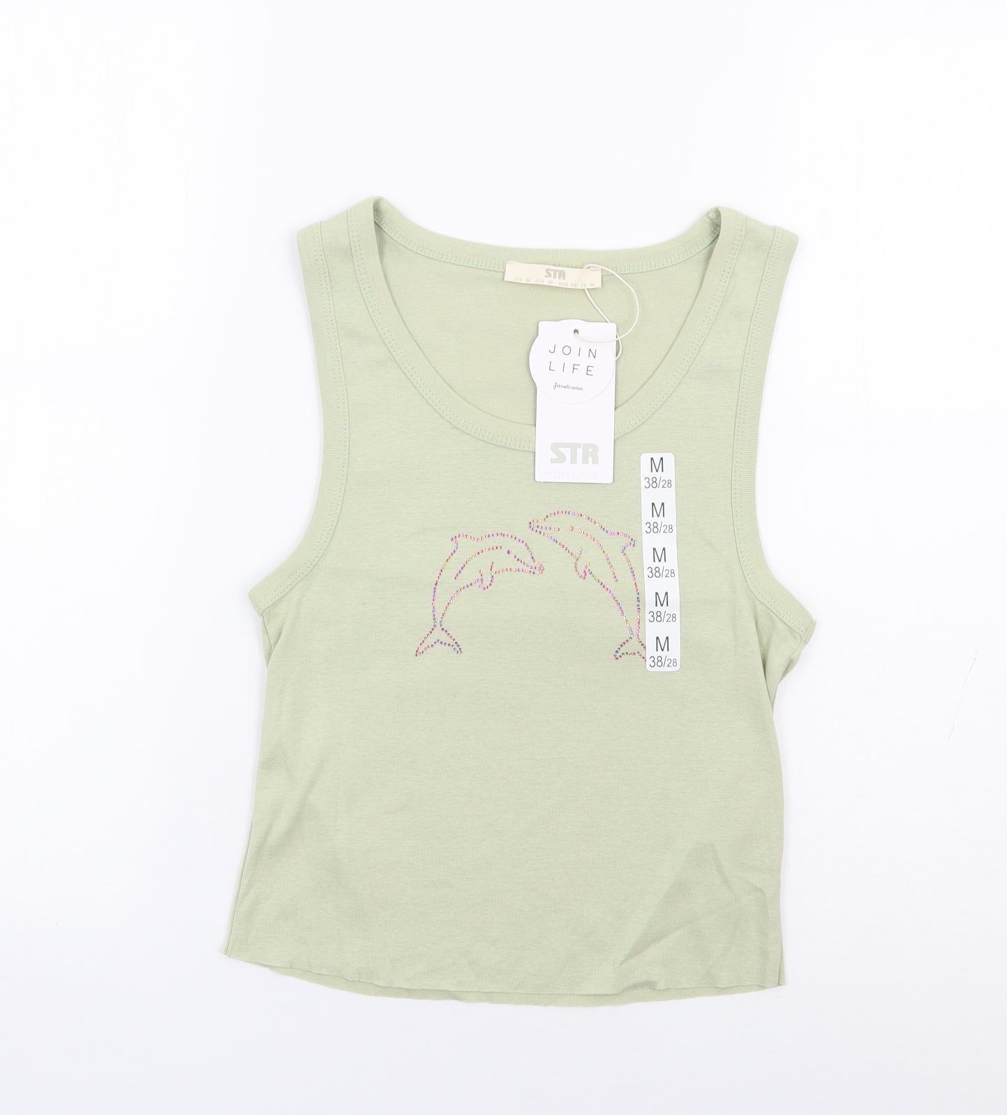 Stradavarius Womens Green 100% Cotton Basic Tank Size 10 Round Neck - Dolphin