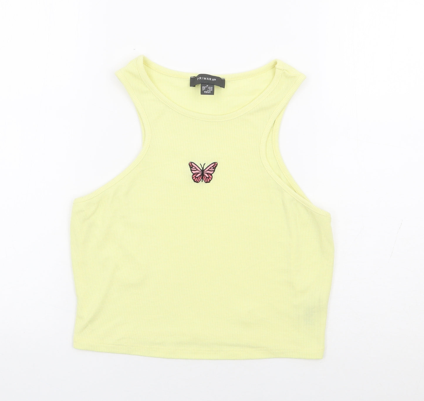 Primark Womens Yellow Polyester Cropped Tank Size 12 Round Neck - Butterfly, Ribbed