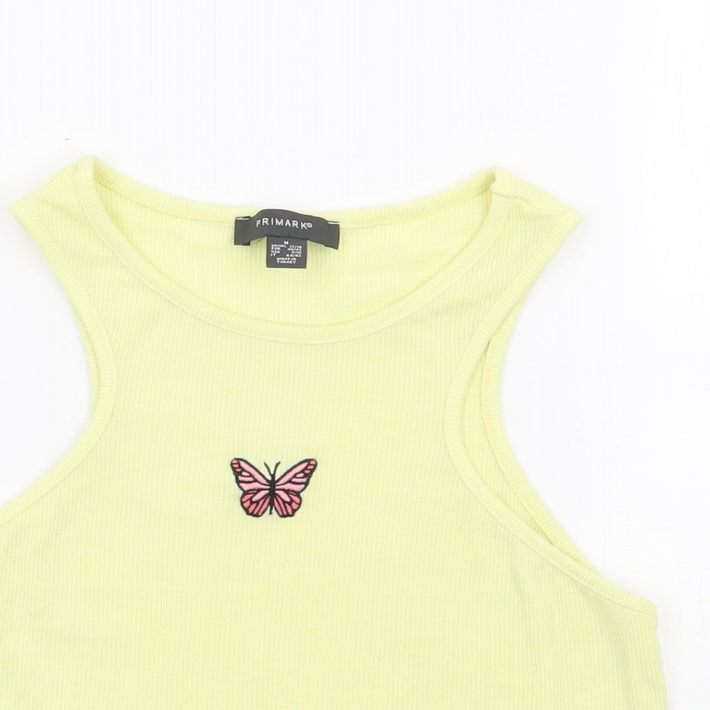 Primark Womens Yellow Polyester Cropped Tank Size 12 Round Neck - Butterfly, Ribbed