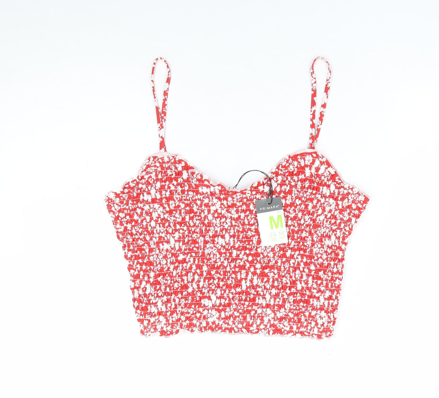 Primark Womens Red Floral 100% Cotton Cropped Tank Size 12 Sweetheart - Shirred