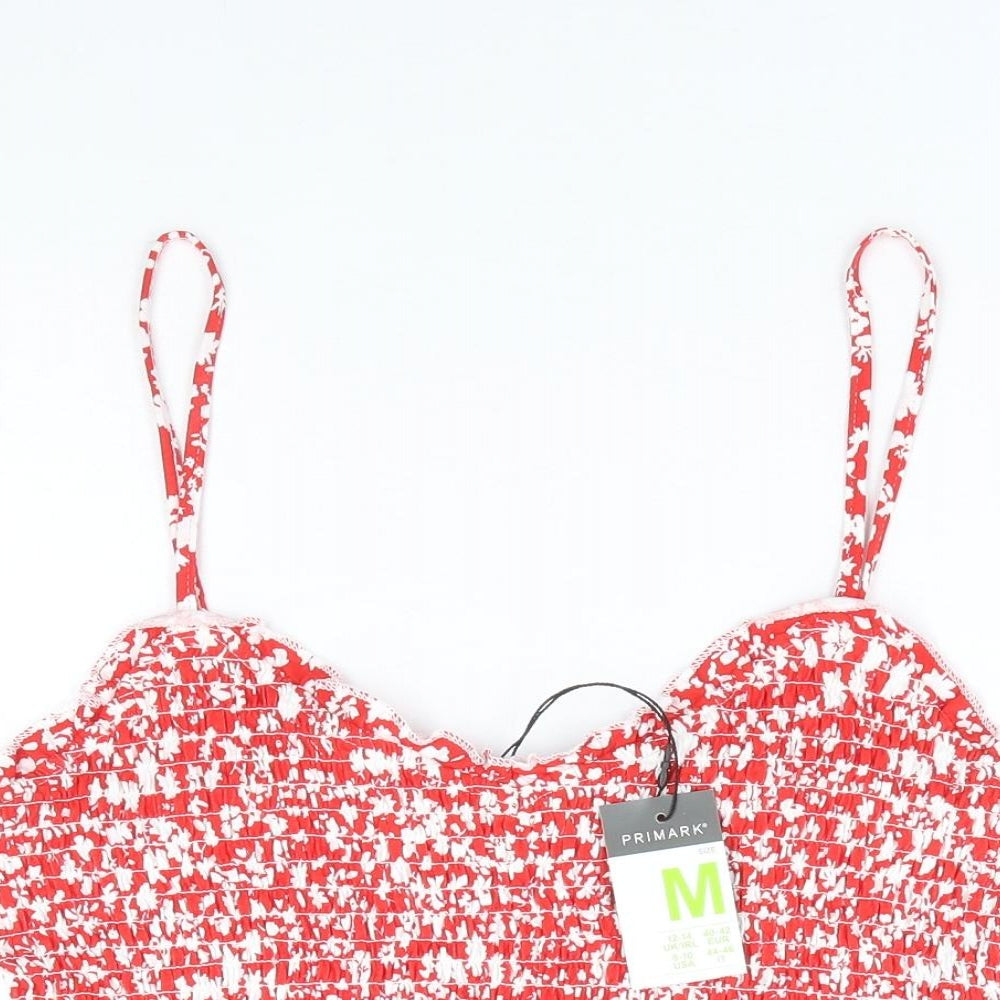 Primark Womens Red Floral 100% Cotton Cropped Tank Size 12 Sweetheart - Shirred