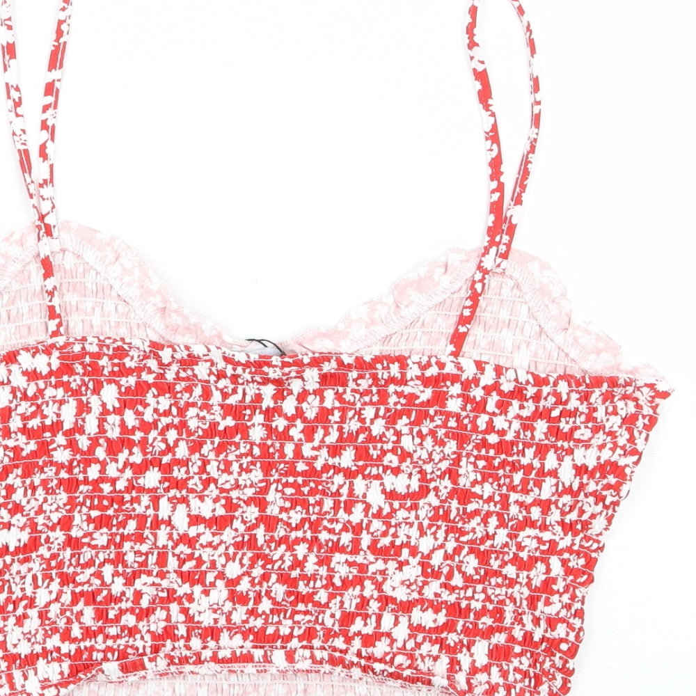 Primark Womens Red Floral 100% Cotton Cropped Tank Size 12 Sweetheart - Shirred
