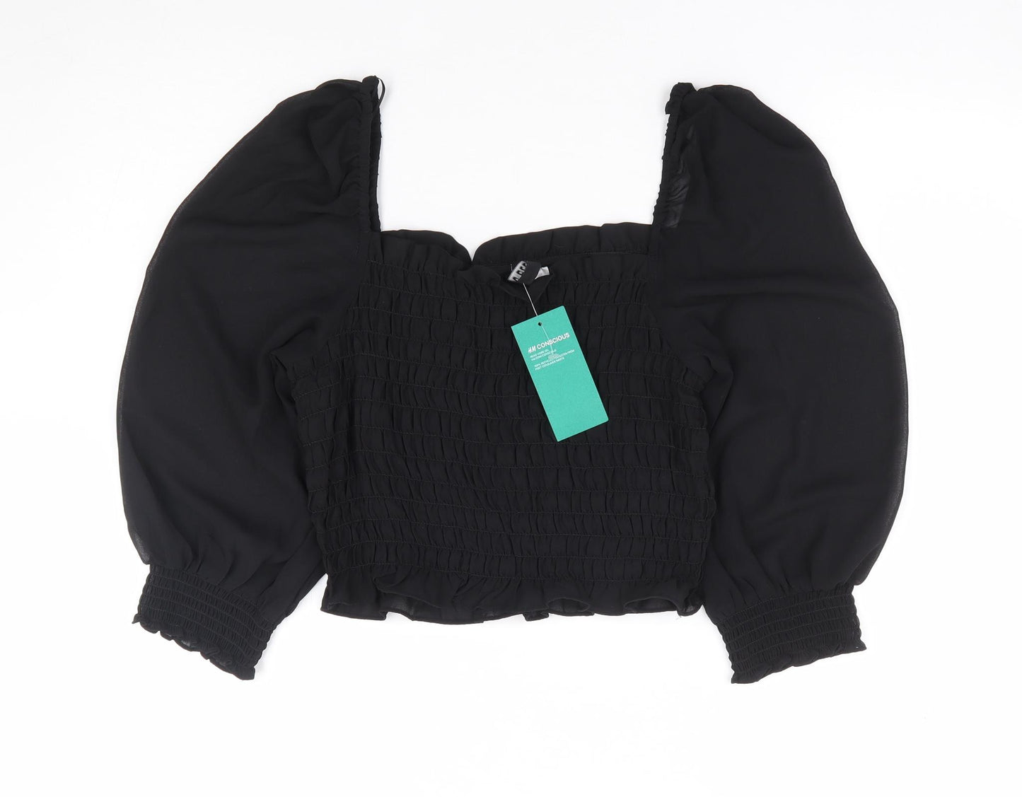 Divided by H&M Womens Black Polyester Cropped Blouse Size S Square Neck - Shirred Bust