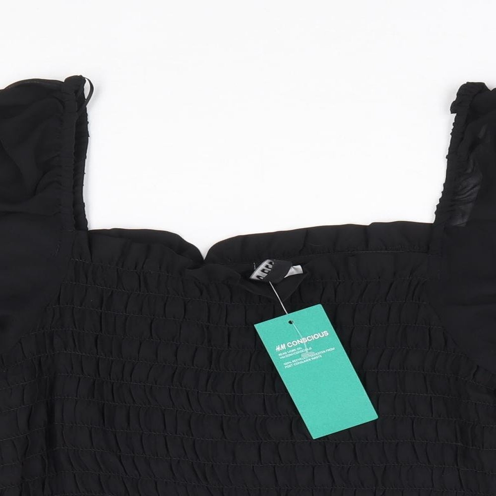 Divided by H&M Womens Black Polyester Cropped Blouse Size S Square Neck - Shirred Bust