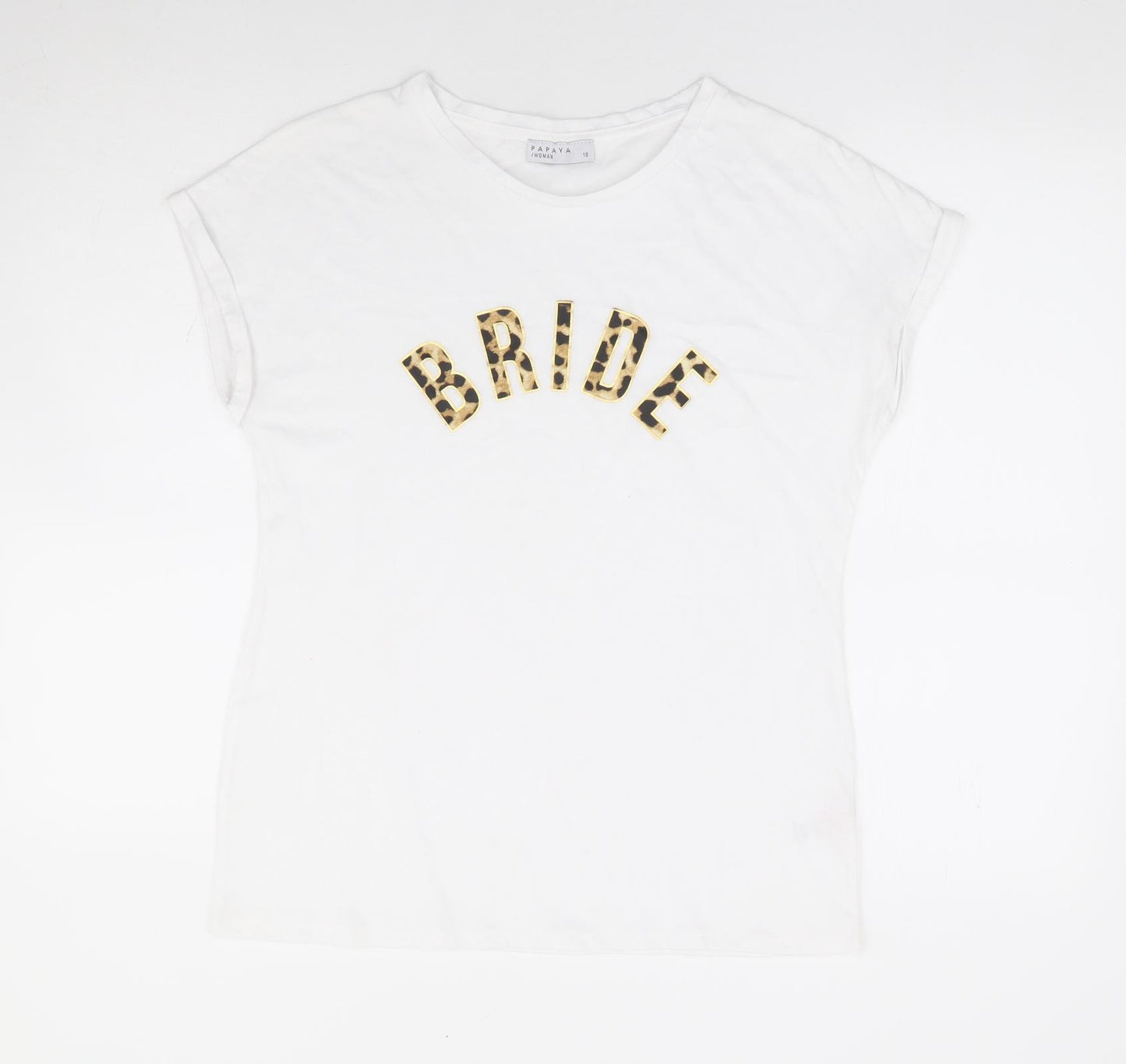 Papaya Womens White Animal Print Cotton Basic T-Shirt Size 10 Round Neck - Bride