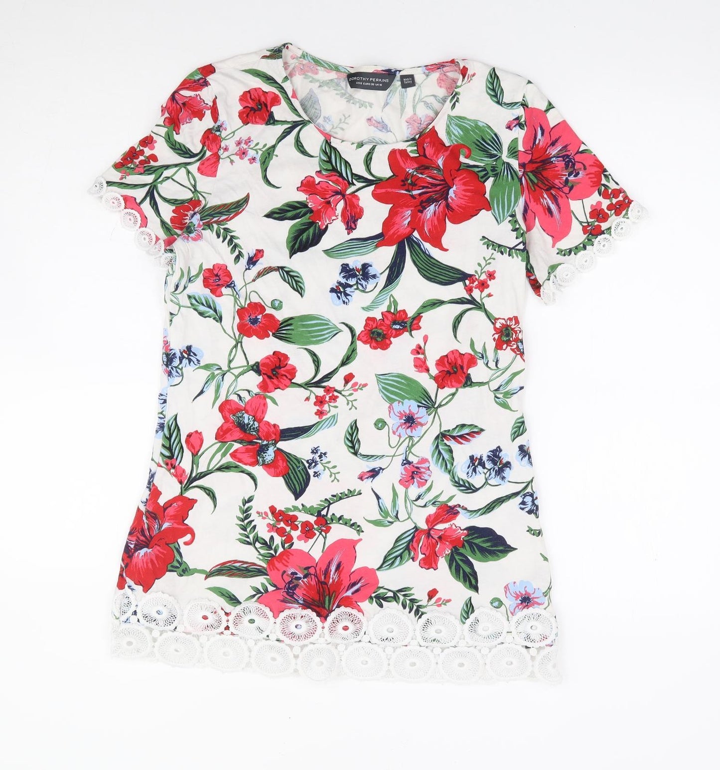 Dorothy Perkins Womens Multicoloured Floral 100% Cotton Jersey T-Shirt Size 10 Round Neck