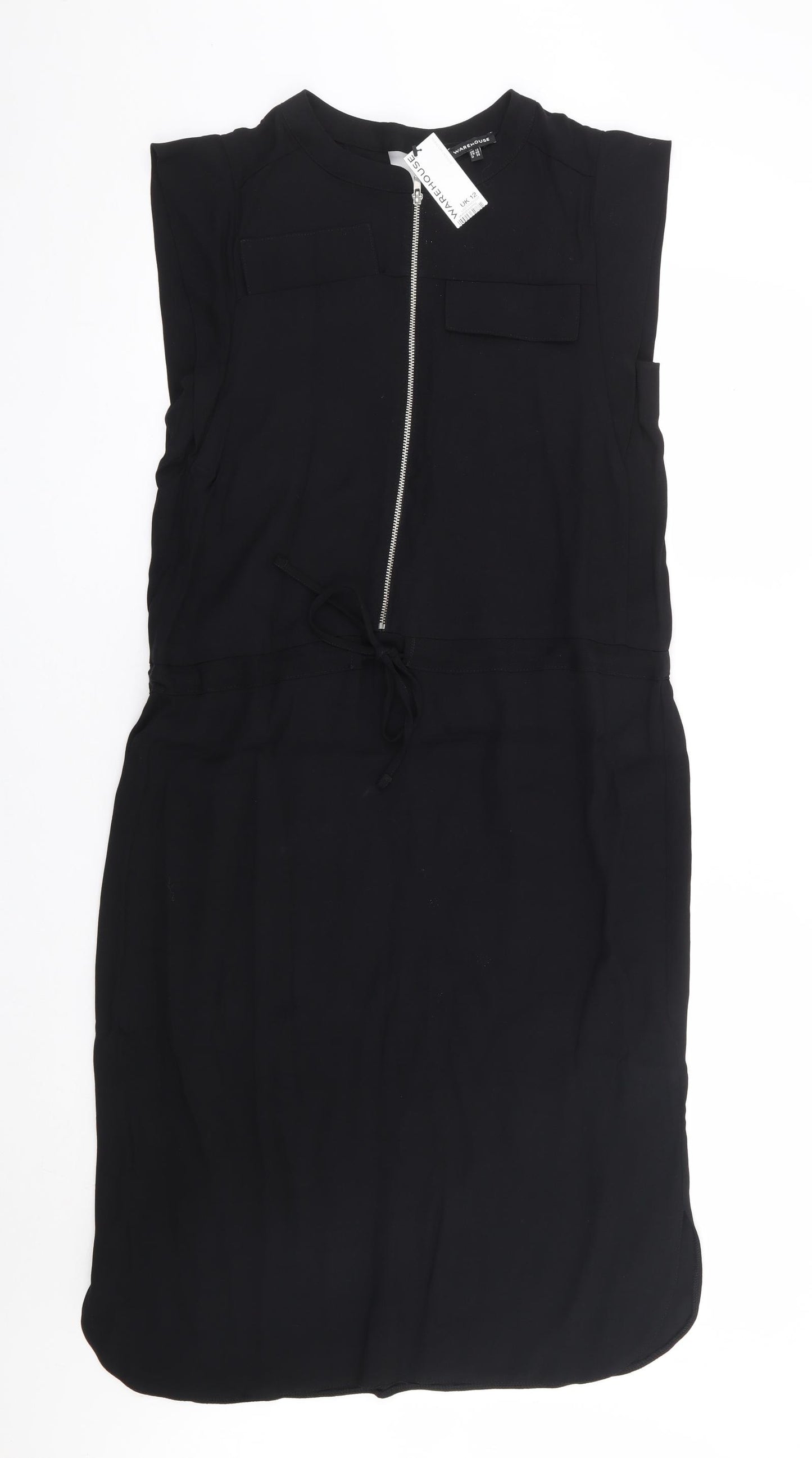 Warehouse Womens Black Viscose A-Line Size 12 Crew Neck Zip