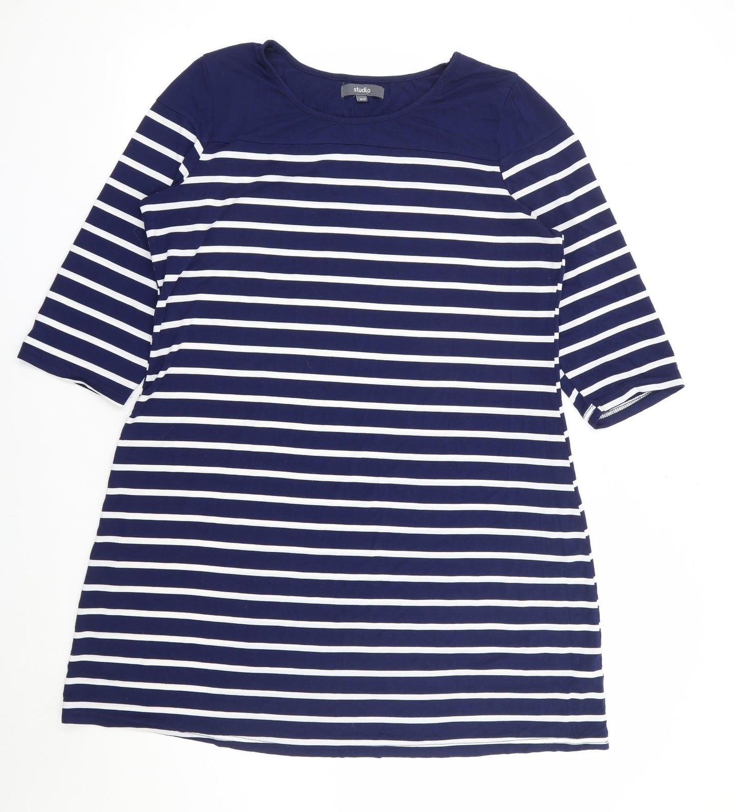 Studio Womens Blue Striped Viscose A-Line Size 16 Round Neck Pullover
