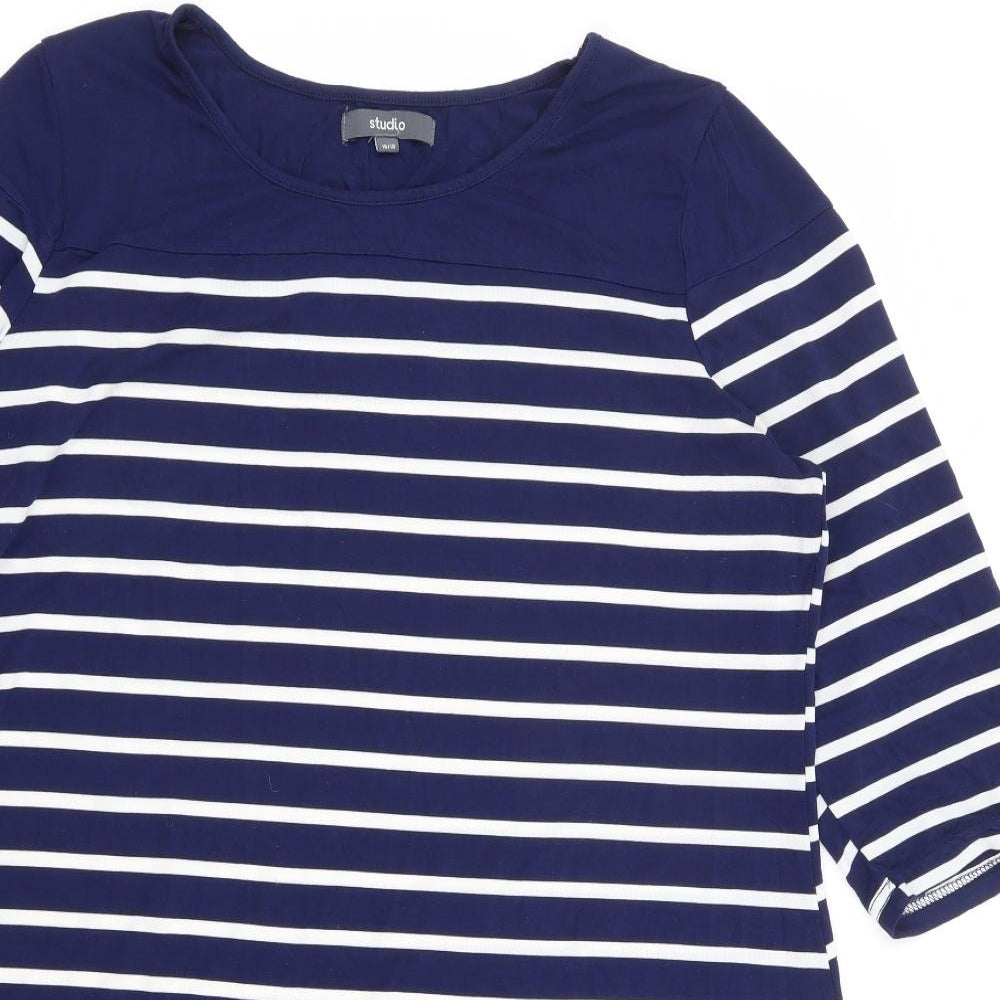 Studio Womens Blue Striped Viscose A-Line Size 16 Round Neck Pullover