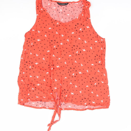 Dunnes Womens Orange Geometric Viscose Jersey Blouse Size 14 Round Neck - Tie Front
