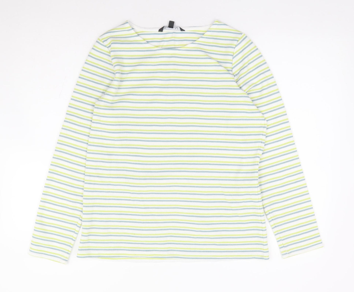 Bonmarché Womens Green Striped Polyester Jersey T-Shirt Size 12 Round Neck