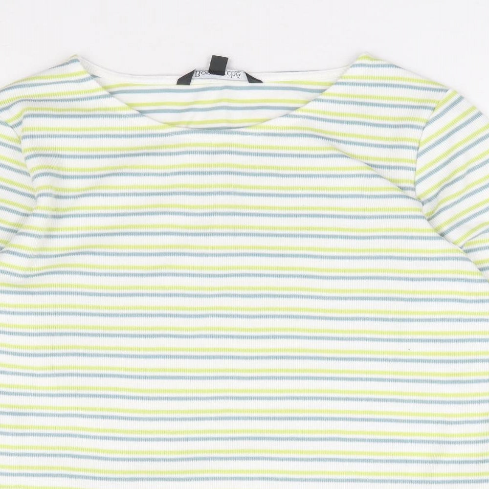 Bonmarché Womens Green Striped Polyester Jersey T-Shirt Size 12 Round Neck