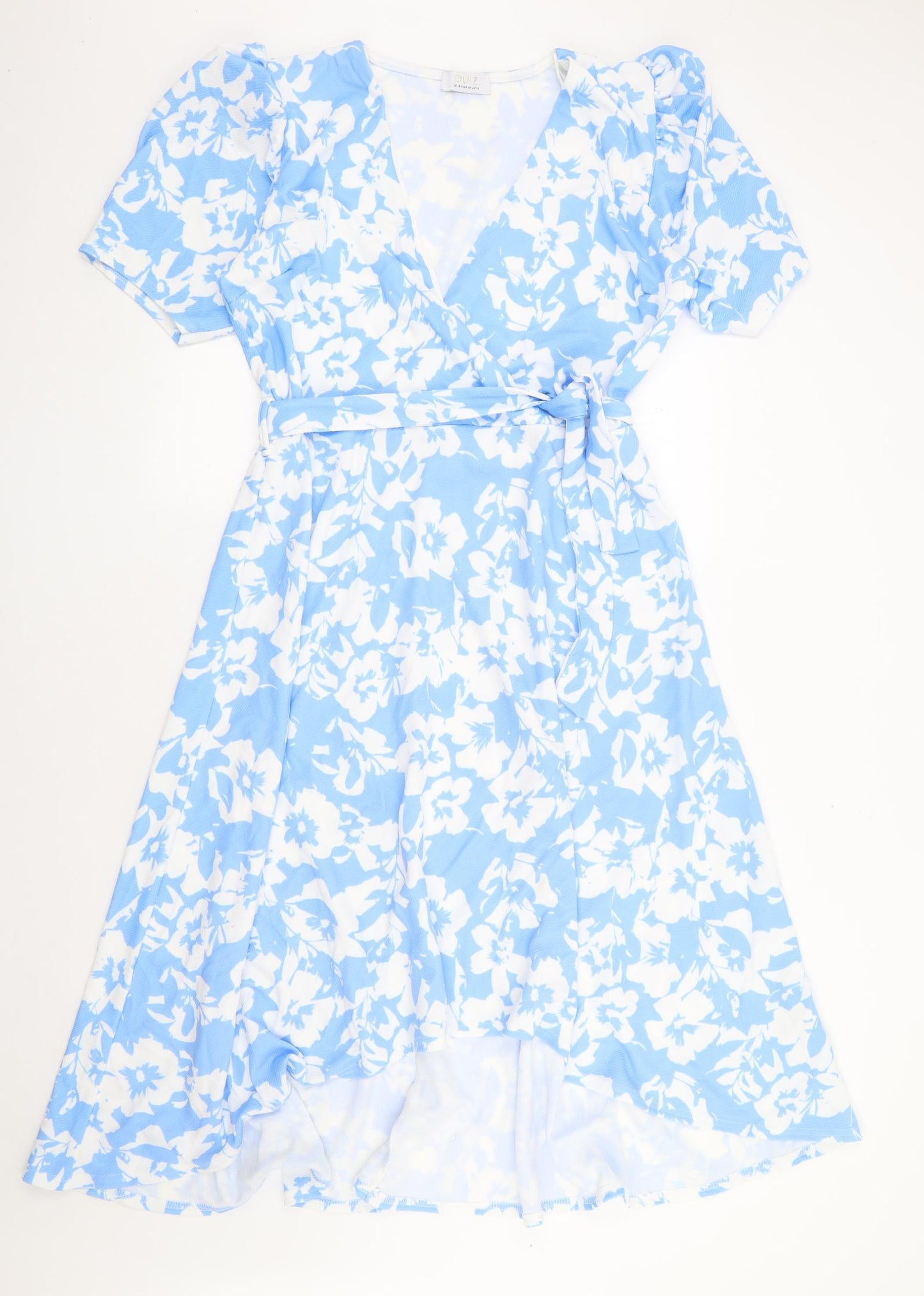 Quiz Womens Blue Floral Polyester Wrap Dress Size 18 V-Neck Pullover - Faux Wrap, Dipped Hem