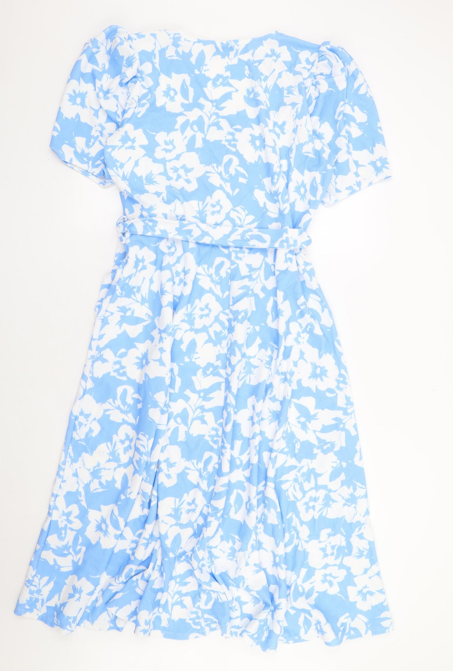 Quiz Womens Blue Floral Polyester Wrap Dress Size 18 V-Neck Pullover - Faux Wrap, Dipped Hem