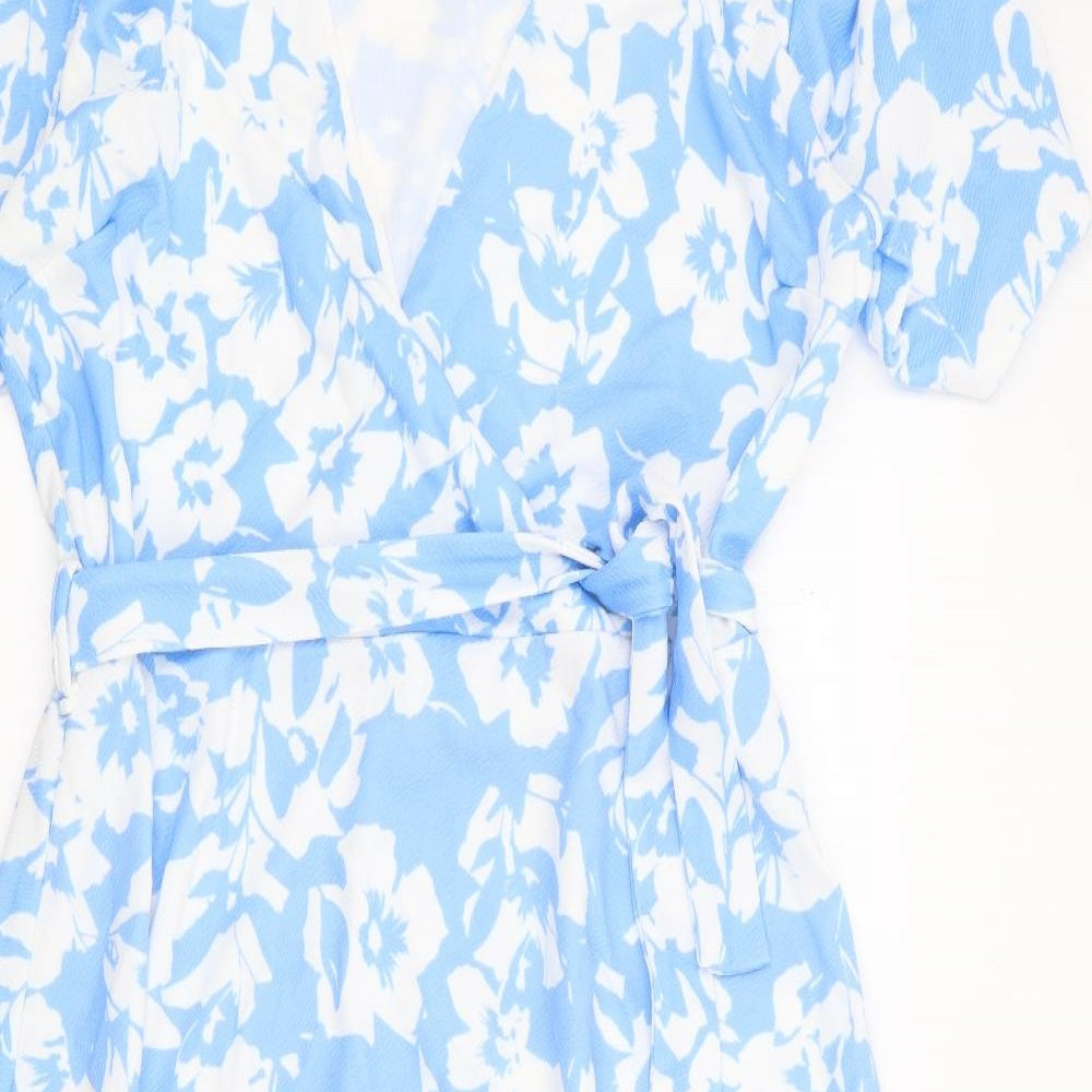 Quiz Womens Blue Floral Polyester Wrap Dress Size 18 V-Neck Pullover - Faux Wrap, Dipped Hem