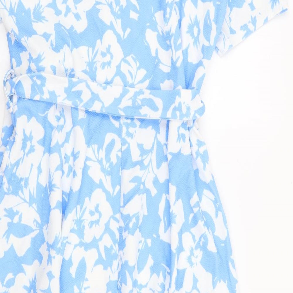 Quiz Womens Blue Floral Polyester Wrap Dress Size 18 V-Neck Pullover - Faux Wrap, Dipped Hem