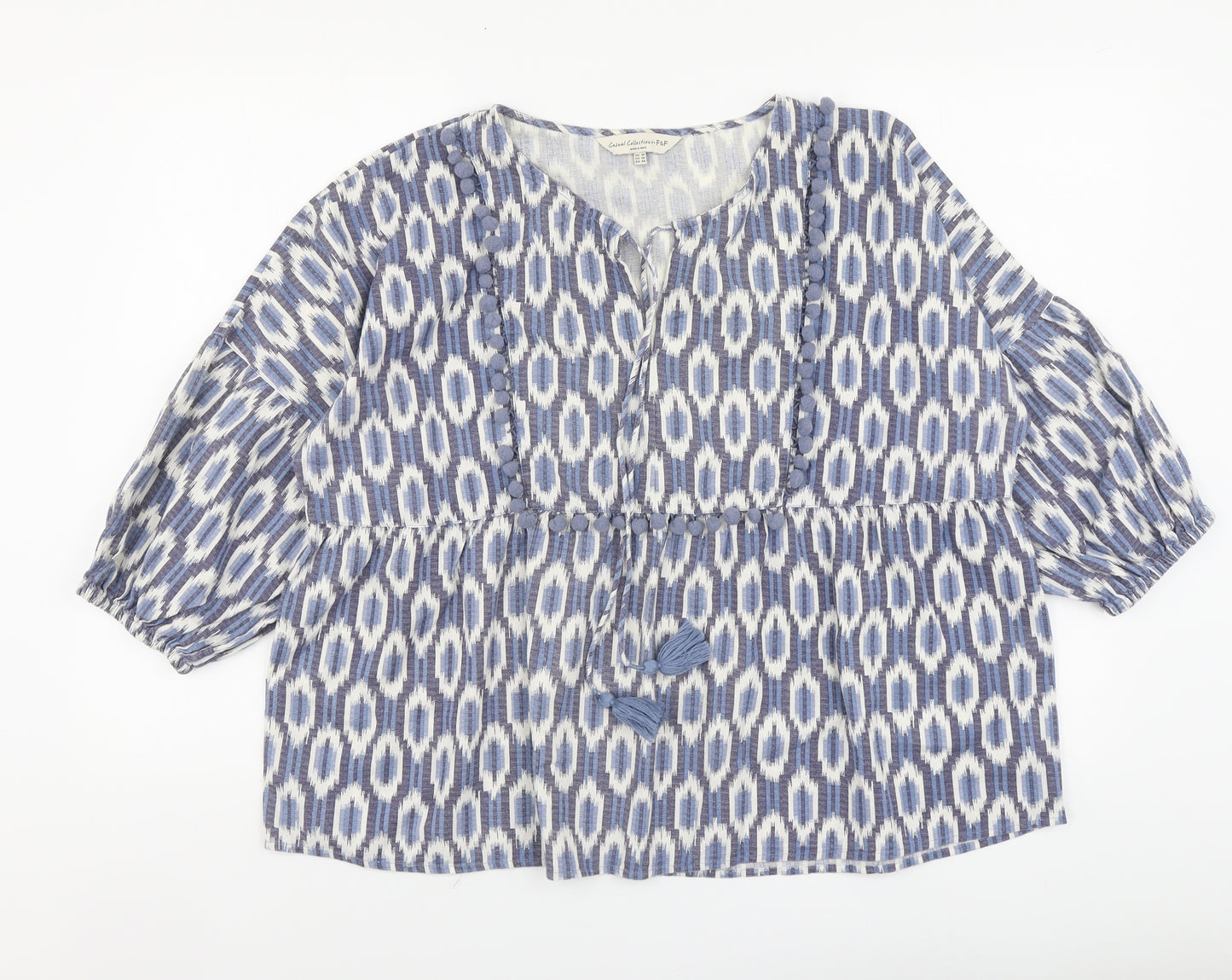 F&F Womens Blue Geometric Cotton Basic Blouse Size 18 Round Neck