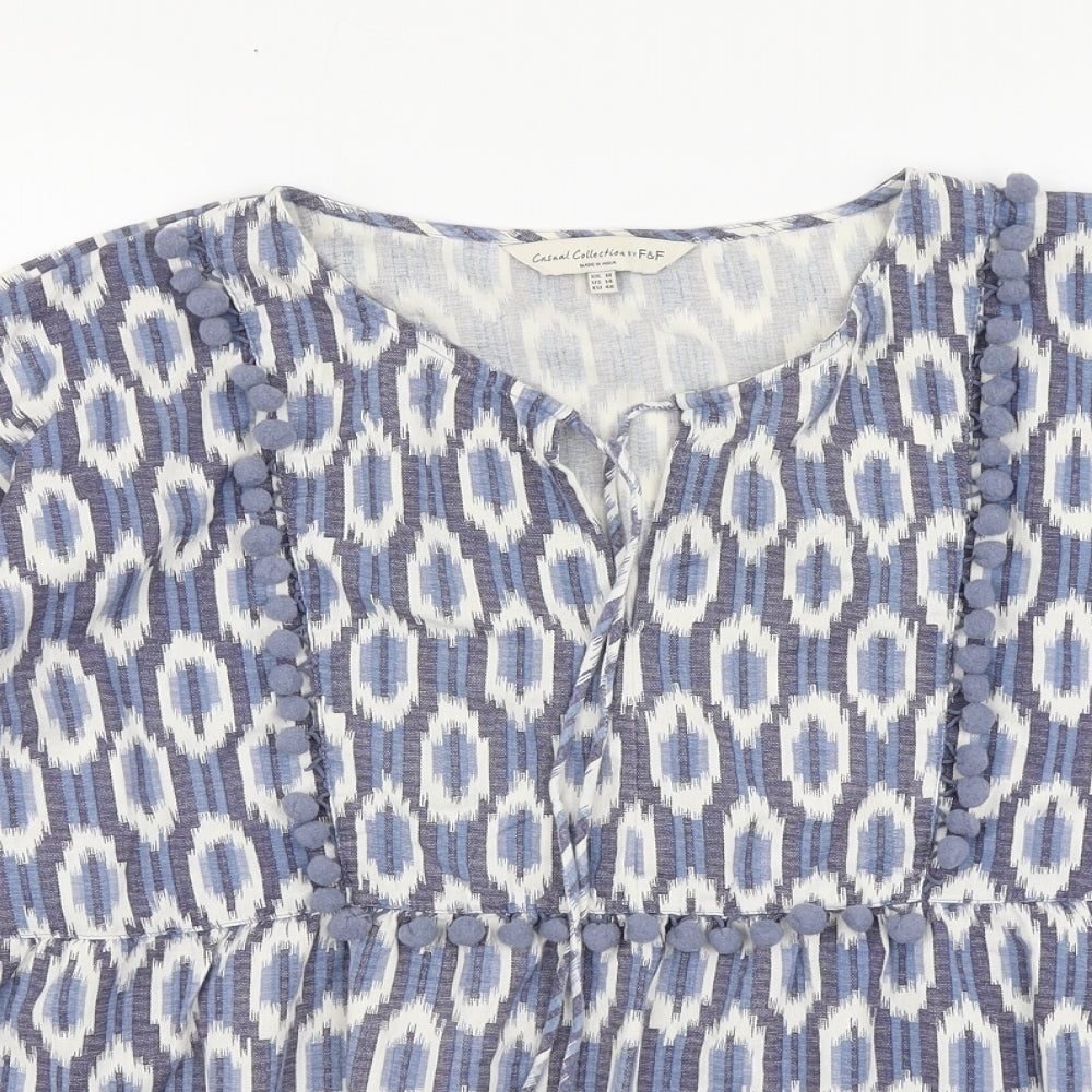 F&F Womens Blue Geometric Cotton Basic Blouse Size 18 Round Neck