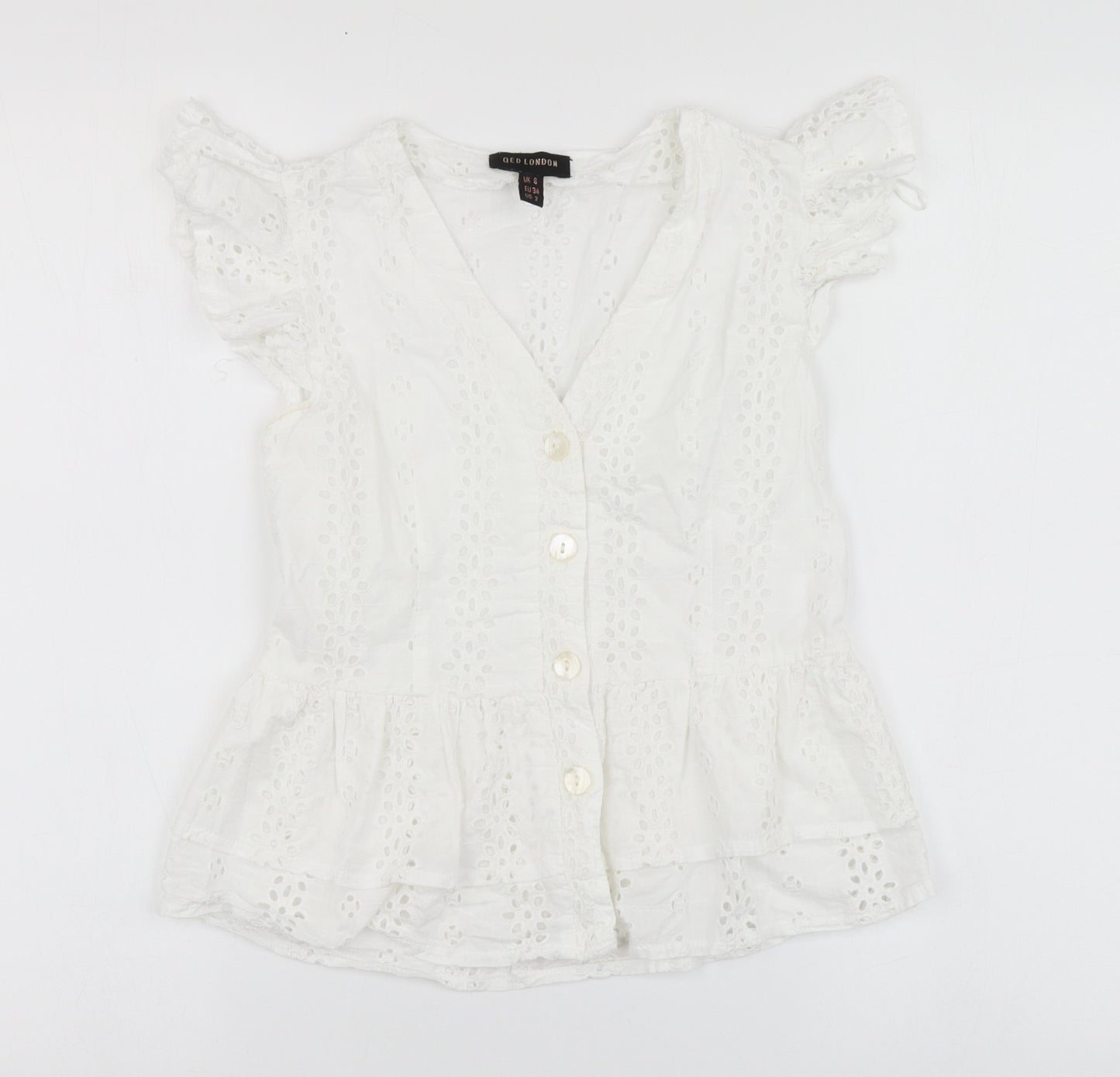 QED London Womens White Geometric Cotton Basic Button-Up Size 6 V-Neck