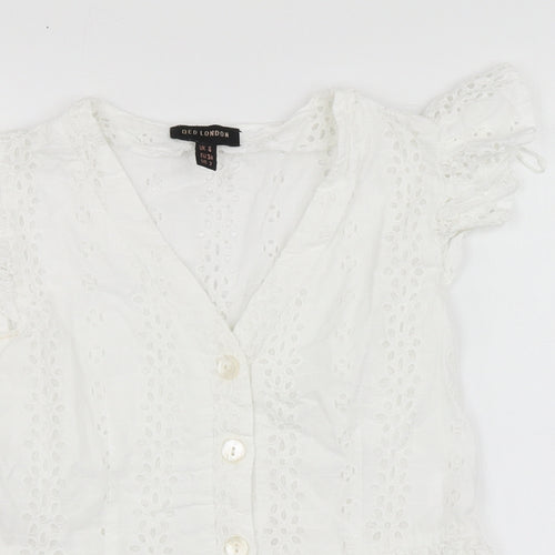 QED London Womens White Geometric Cotton Basic Button-Up Size 6 V-Neck