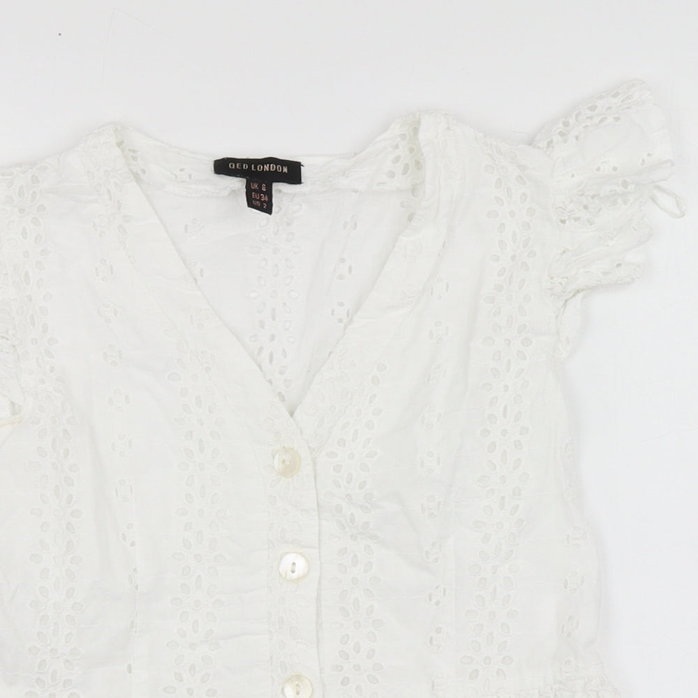 QED London Womens White Geometric Cotton Basic Button-Up Size 6 V-Neck