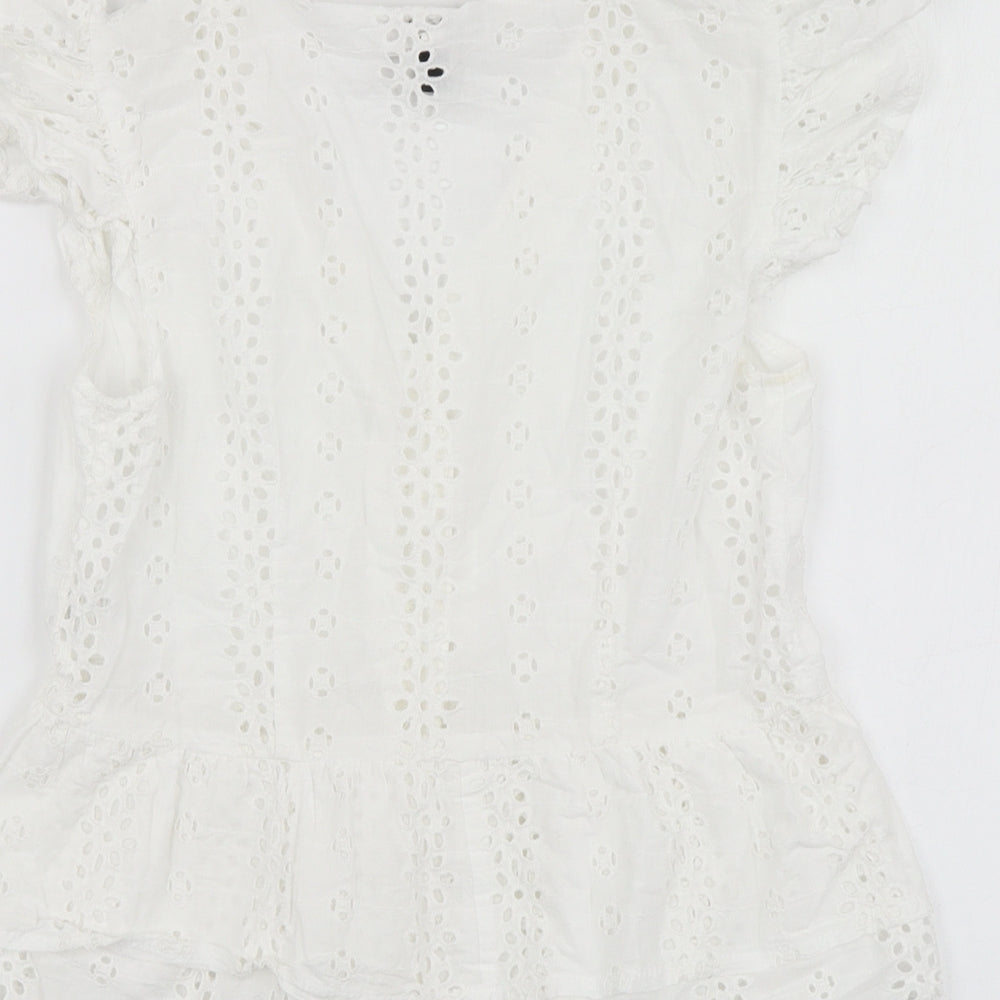 QED London Womens White Geometric Cotton Basic Button-Up Size 6 V-Neck
